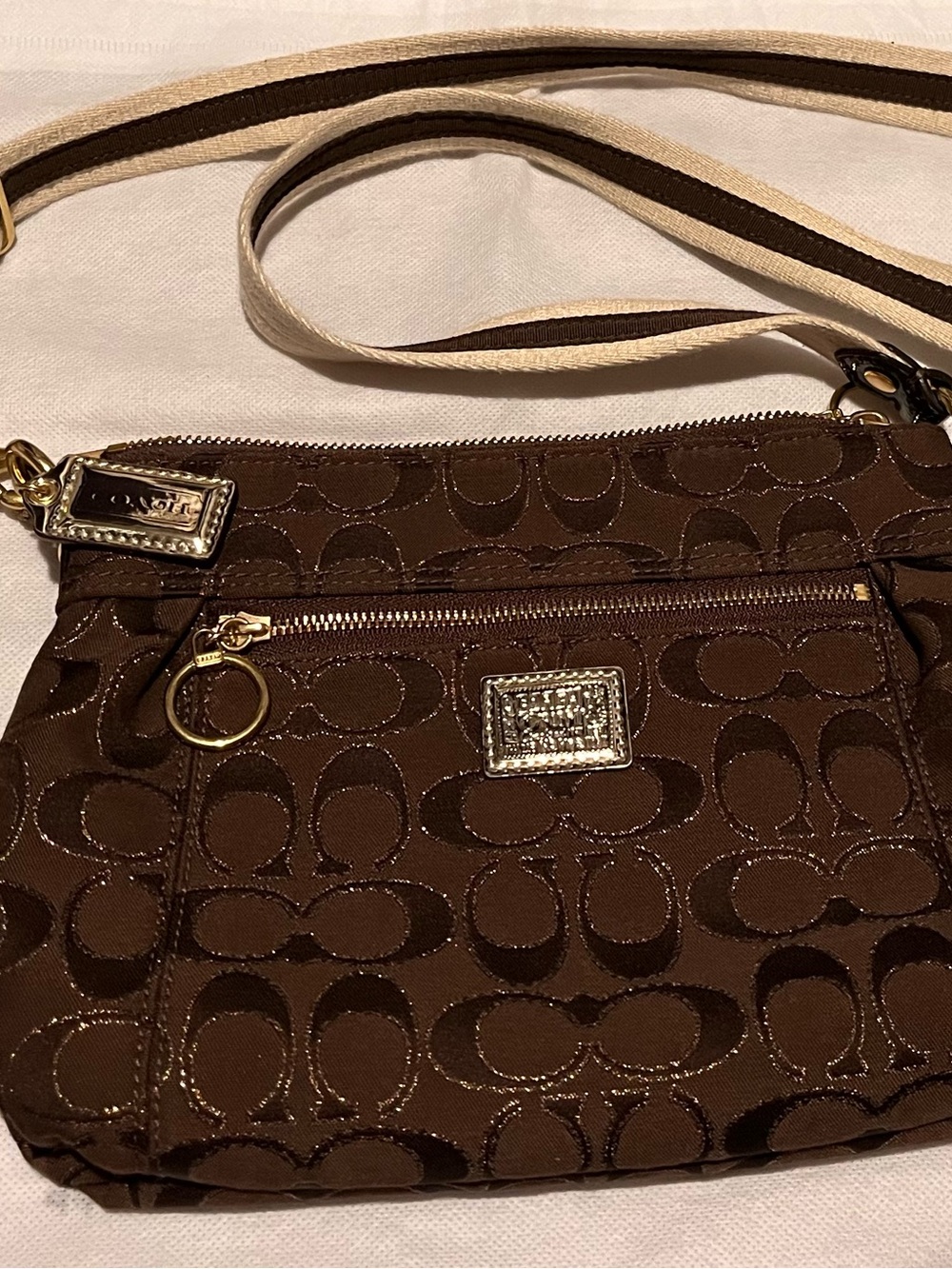 Coach Brown Signature Jacquard Crossbody Bag with Cream-Trim Strap